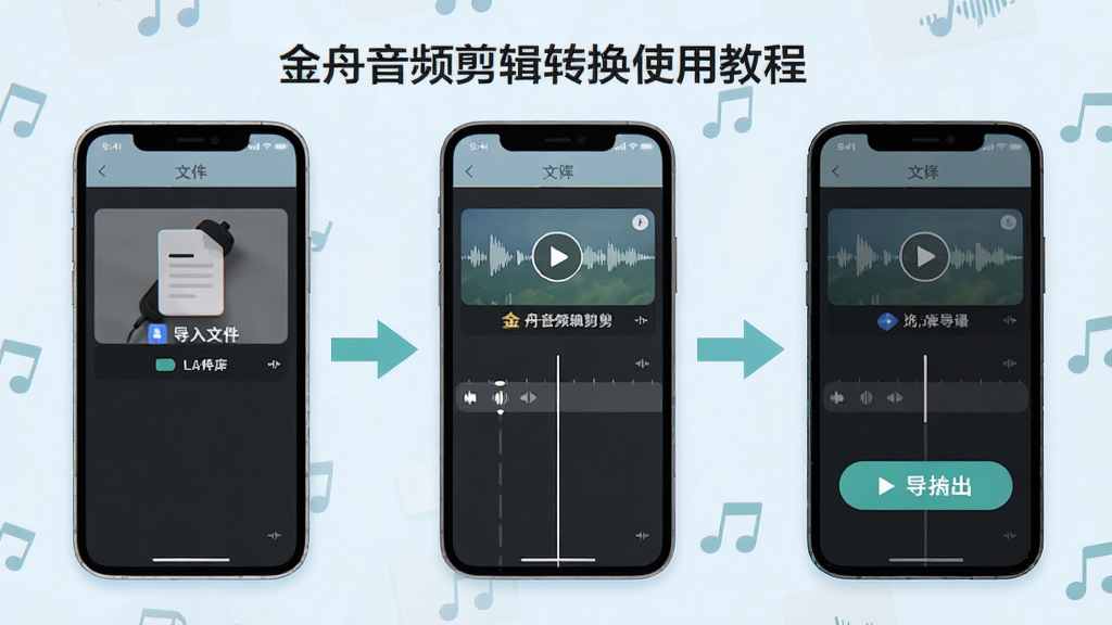 金舟音频剪辑转换使用教程示意图,画面展示手机屏幕上音频剪辑操作步骤,包括导入文件、拖动时间轴、点击导出按钮三个步骤,配有箭头引导,风格清新浅色,画质清晰,干净利落