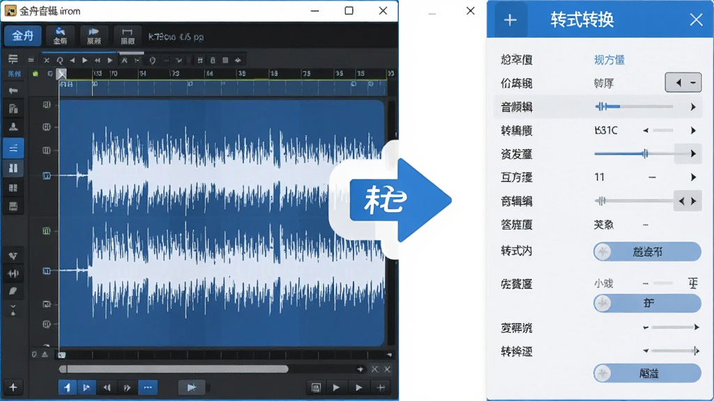 金舟音频剪辑转换软件功能展示图,画面左侧为音频波形编辑界面,右侧为格式转换设置面板,中间有转换箭头图标,整体配色为蓝白相间,风格简洁专业,画质清晰,无多余装饰元素