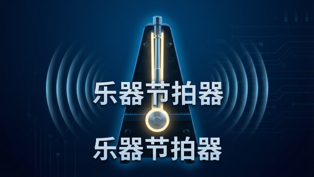 一张展示乐器节拍器精准节拍引擎的图片,画面中有一个发光的节拍器摆锤,摆锤两侧有波纹状的声波扩散图形,背景是深蓝色的科技感渐变,画面中央有“乐器节拍器”的文字标识,排版简洁,风格现代,画质清晰,无多余元素