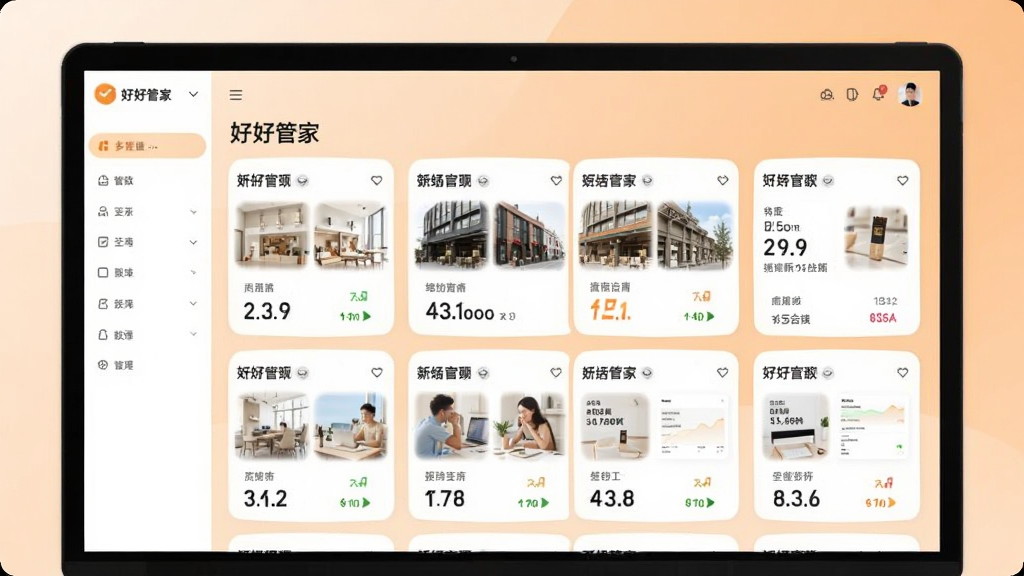 �úùܼҶ���̹������棬��Ļ����ʾ������̿�Ƭ�������У�ÿ�ſ�Ƭ��ע���������뾭Ӫ���ݣ�����Ϊǳ��ɫ���䣬���������ͣ���������