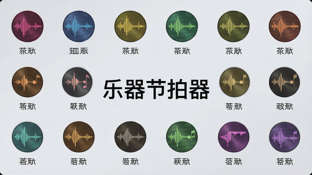 一张展示乐器节拍器音色选择界面的图片,画面中排列着多个圆形音色图标,每个图标下方标注着音色名称,背景是柔和的浅灰色,图标色彩丰富但不过于鲜艳,画面中央写着“乐器节拍器”字样,排版整齐,风格简约,画质清晰,无多余元素