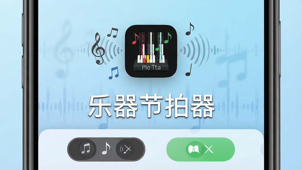 一张展示乐器节拍器后台运行状态的图片,画面中手机屏幕显示多任务切换界面,乐器节拍器的图标悬浮在界面上方,旁边有音符和节拍波纹的装饰元素,背景是浅蓝色的渐变,画面中央写着“乐器节拍器”字样,风格清爽,画质清晰,无多余元素