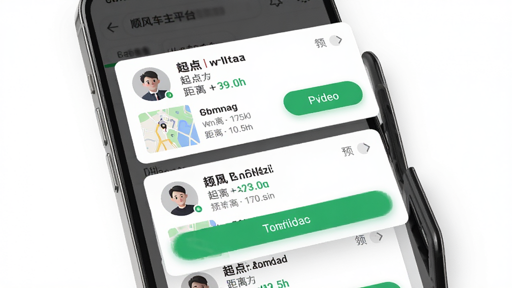 һ��չʾ˳�糵��ƽ̨���ܶ������͹��ܵ�AI��ͼ���������ֻ���Ļ�е������˳·������Ƭ��ÿ�ſ�Ƭ��ʾ�˿�ͷ������յ�����Ԥ�����룬����Ϊ�������еĿ�Ƭ�б����Ű����������Ϊ�ִ���ԼUI���ϸ���ϰ�����ͼ����ͼ����ɫ�ӵ���ť�����ʸ���ɾ�������Ϊ����ɫ��