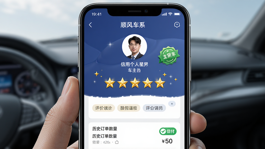 һ��չʾ˳�糵��ƽ̨����������ϵ���ܵ�AI��ͼ���������ֻ���Ļ��ʾ����������ҳ�������Ǽ���������������֡����۱�ǩ����ʷ��������������Ϊ���½ṹ���Ű����࣬���Ϊ�罻��Ӧ�÷��ϸ����ͻ����ɫ���Ǻ���ɫ���û��£����������ɾ����޶���Ԫ�ء�