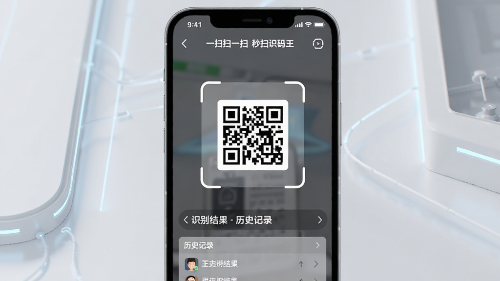 һ��չʾ�ֻ���Ļ�Ļ��棬��Ļ������ɨһɨʶ���ά��-��ɨʶ������ɨ����棬ȡ��������׼һ�Ŷ�ά�룬����ײ���ʾʶ��������ʷ��¼���ֻ���Χ�иɾ����ĿƼ��б������������ִ���Լ�������������ɾ����޶���Ԫ��