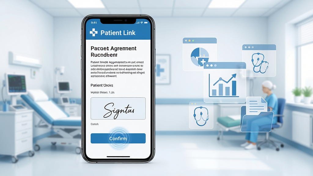 һ��չʾ Patient Link �������Ĺ��ܵĳ���ͼ������������һ�������ֻ�����Ļ����ʾ�������ĵ���֪��ͬ������棬��������ǩ�������ȷ�ϰ�ť�������Ǽ���������ִ���ҽԺ���һ��������ֲ��þ��й�ͼ���ֻ�λ�ڻ�������ƫ���Ҳ����а�͸����ҽ������ͼ����ĵ��鵵ʾ��Ԫ�أ�������Ϊ��ƽ��ҽ�ƿƼ��磬ɫ������ɫ�Ͱ�ɫΪ����ϸ����ǿ����������ֿɶ��Ժ�ǩ������Ĵ��ط���Ч���������������ɾ����޶���Ԫ��