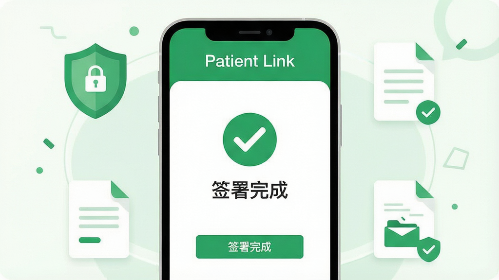 һ��չʾ Patient Link �ƶ��˲��������ʾ��ͼ�������������ֻ���Ļ��ʾǩ��ɹ����ȷ��ҳ�棬������ɫ�Թ�ͼ���
