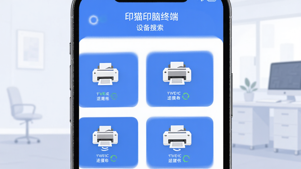 ����չʾ��ӡèӡ���նˡ����豸�������棬�ֻ���Ļ���г���̨��ӡ��ͼ�겢��ʾ����״̬������Ϊ��Լ��ǳɫ�칫����������ͻ�����Ű����������ñ�ƽ�廭���������ɫ��ϸ�ڸɾ������ʸ��壬�޶���Ԫ��