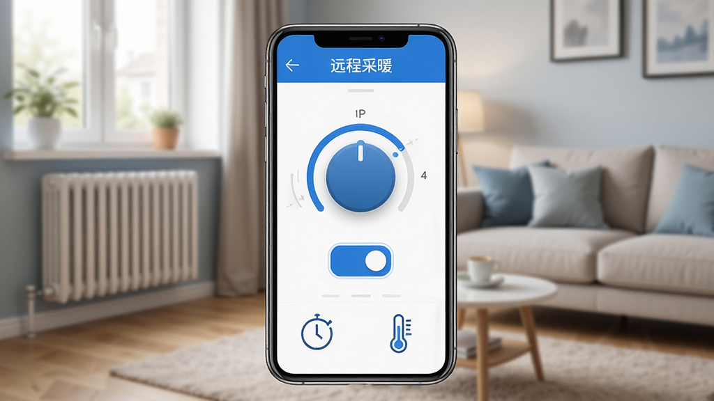 Զ�̲�ů�ֻ�APP������չʾ������������һ�������ֻ�����Ļ��ʾԶ�̲�ů�����Ŀ�����壬�����¶ȵ�����ť�����ذ�ť����ʱ����ͼ�꣬��������ܰ���ִ��Ҿӿ�����ů��Ƭ�����ɼ�����������Ƽ��У���ɫ���ɫΪ��ɫ���������������ɾ��޶���Ԫ�أ�4K���壬��Ʒչʾ���