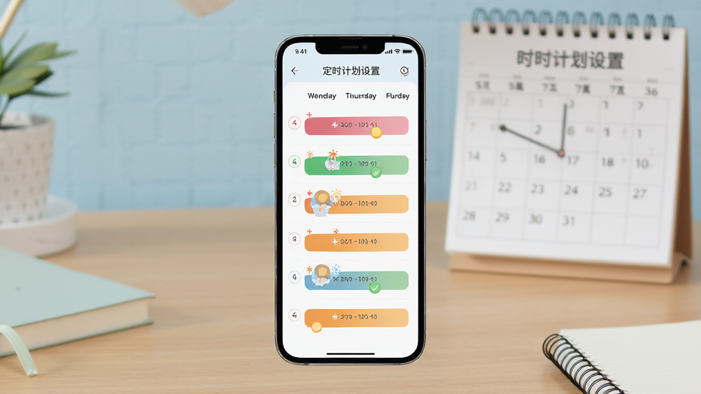 Զ�̲�ůAPP��ʱ�ƻ����ý���չʾ���ֻ���Ļ��ʾһ������Ķ�ʱ�ƻ�����ÿ���в�ͬ��ɫ��ǵĹ�ůʱ�Σ����������ˣ�������������������ͻ��ʱ������������ǳɫ��񣬻����������ɾ��޶���Ԫ�أ�4K����