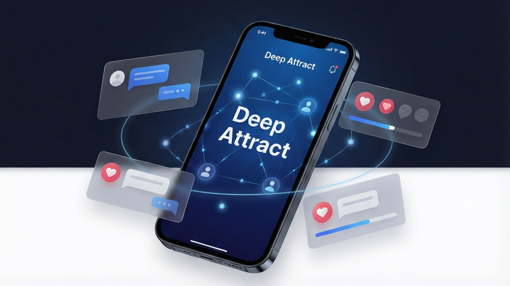 һ��չʾDeep Attract�������Ľ���ĸ���ͼ������������һ�������ֻ�����Ļ��ʾ�Ŵ��С�Deep Attract��������Ӧ�������棬�������Ϊ����ɫ���䱳������׺���˼����������뷢��ڵ㣬�������������罻���硣�ֻ���Χ���������ɰ�͸���ĸ�����Ƭ����Ƭ����ʾ�ŶԻ����ݡ�����ͼ��ͽ����������岼�ֲ��þ��й�ͼ���ֻ���΢��б������Ϊ��͵İ�ɫ�������Ϊ�ִ��Ƽ���UIչʾͼ��ϸ����Ҫ����Ļ����������������Ԫ�ؾ��£����ʸ��壬�ɾ��޶�������Ԫ�ء�