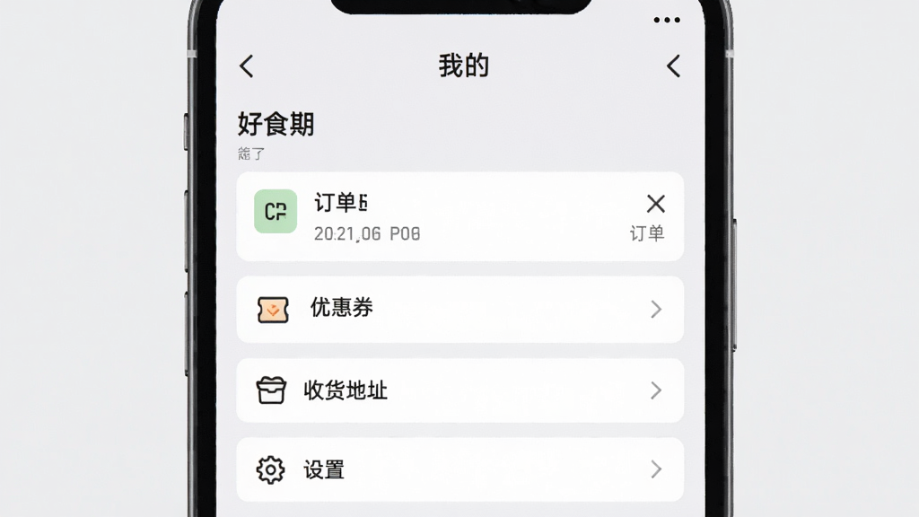 һ���ֻ���Ļչʾ��ʳ��APP�ġ��ҵġ�ҳ�棬���������б����Ż�ȯ���ջ���ַ�����õ�ѡ����沼��������ͼ���࣬����Ϊǳ��ɫ�������ˬ�����ʸ��壬�޶���Ԫ��