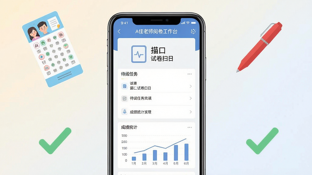 一张展示A佳老师软件主界面的预览图,画面中央为手机屏幕,屏幕内呈现A佳老师阅卷工作台界面,包含试卷扫描入口、待阅任务列表、成绩统计图表等模块,界面风格简洁清爽,背景为浅色渐变,手机周围环绕答题卡、红笔、对勾等教育元素图标,整体布局居中对称,风格为扁平化UI设计,细节清晰,画质干净,无多余元素
