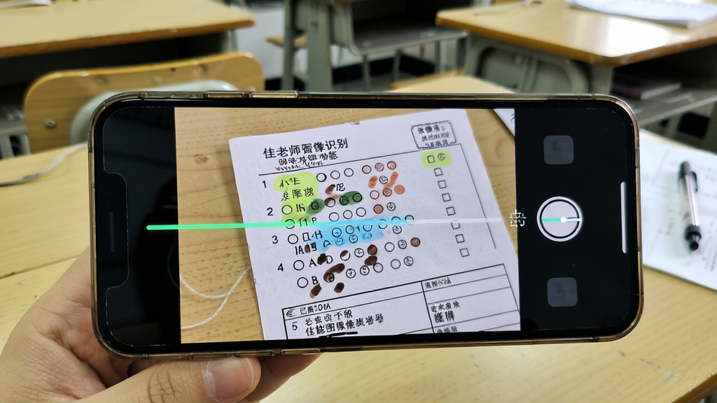 A佳老师智能图像识别阅卷功能的场景展示图,画面中一部智能手机正对着一张标准化答题卡进行拍摄扫描,手机屏幕显示识别进度条与已批阅题目数量,答题卡上的填涂区域被高亮标记,背景为教室课桌桌面,光线明亮均匀,风格为写实科技风,细节包括答题卡上的题号、选项字母、考生信息栏,画质清晰,无多余元素