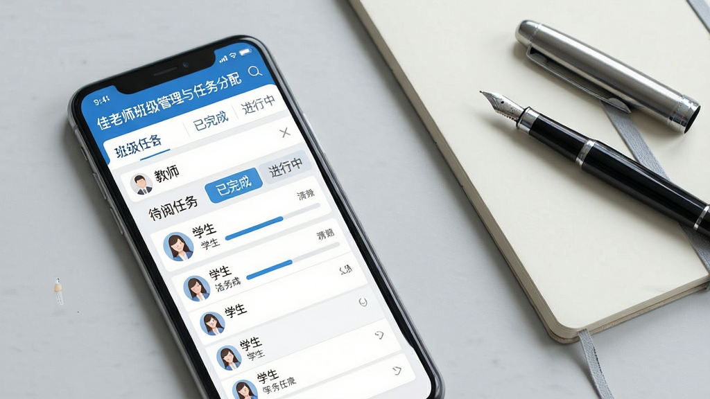 A佳老师班级管理与任务分配功能的界面展示图,画面中显示手机屏幕内呈现班级列表、学生名单与阅卷任务分配面板,面板中包含“待阅任务”“已完成”“进行中”等状态标签,界面配色以蓝白为主,布局清晰,背景为浅灰色办公桌面,桌上放置笔记本与钢笔,风格为简约商务风,细节包括任务进度条与教师头像图标,画质干净,无多余元素