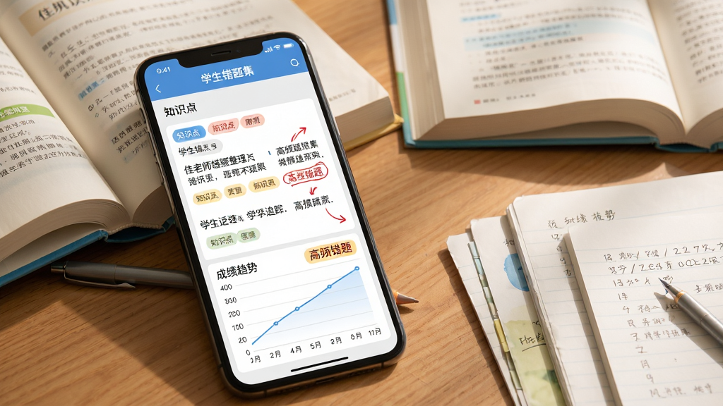 A佳老师错题整理与学情追踪功能的界面示意图,画面中一部手机屏幕显示学生错题集页面,页面内包含错题列表、知识点标签、成绩趋势折线图,手机旁边散落着几本教科书与错题本,背景为木质书桌,光线柔和,风格为温馨学习场景风,细节包括错题旁的红色批注标记与“高频错题”文字提示,画质清晰,无多余元素