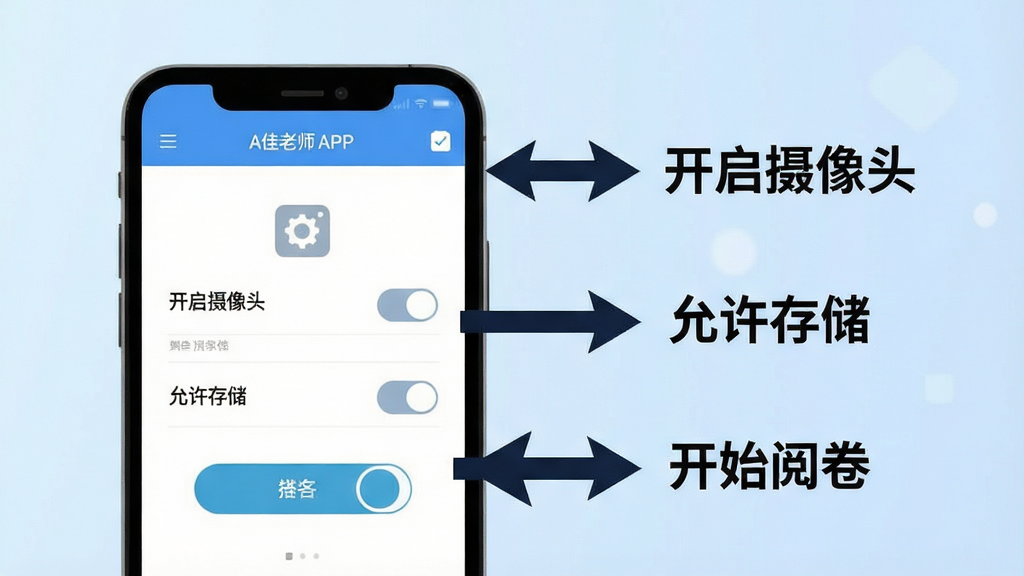 A佳老师新手操作指南示意图,画面中一部手机屏幕显示A佳老师APP的权限设置页面与阅卷操作步骤指引,屏幕旁有箭头标注“开启摄像头”“允许存储”“开始阅卷”等操作提示,背景为浅蓝色渐变,风格为扁平化教程插图,细节包括设置齿轮图标与权限开关按钮,画质干净,无多余元素