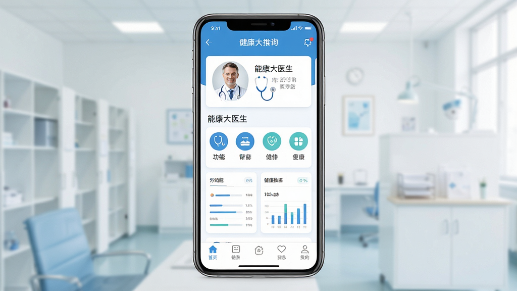 �ܿ���ҽ�� �ֻ�Ӧ�ý���չʾ ����Ϊһ�����������ֻ� ��Ļ�ڳ��ֽ�����ѯApp��ҳ ���ְ�������ҽ���Ƽ���Ƭ �в�����ͼ���� �ײ������� �Ű����� �������ҽ��������ɫ ϸ����ҽ��ͷ�� ������ͼ�� ��������ͼ�� �������� �ɾ� �޶���Ԫ��