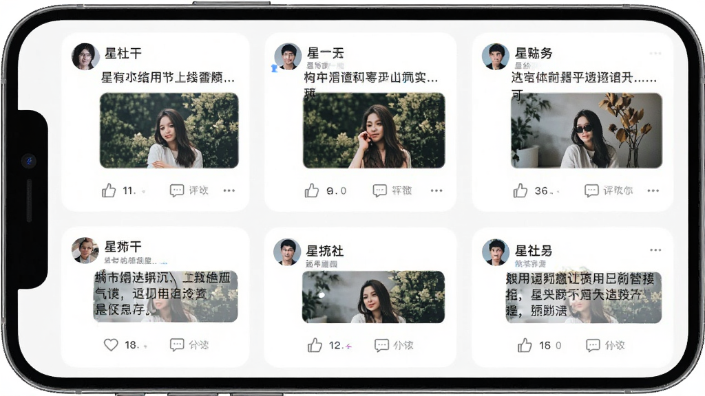 һ��չʾ���綯̬��Ϣ��������ֻ���ͼ����������ʾ�����û���̬��Ƭ�������û�ͷ���ǳơ��������ݺ���ͼ���·��е��޺����۰�ť�����岼������������ִ������ʸɾ����޶���Ԫ��