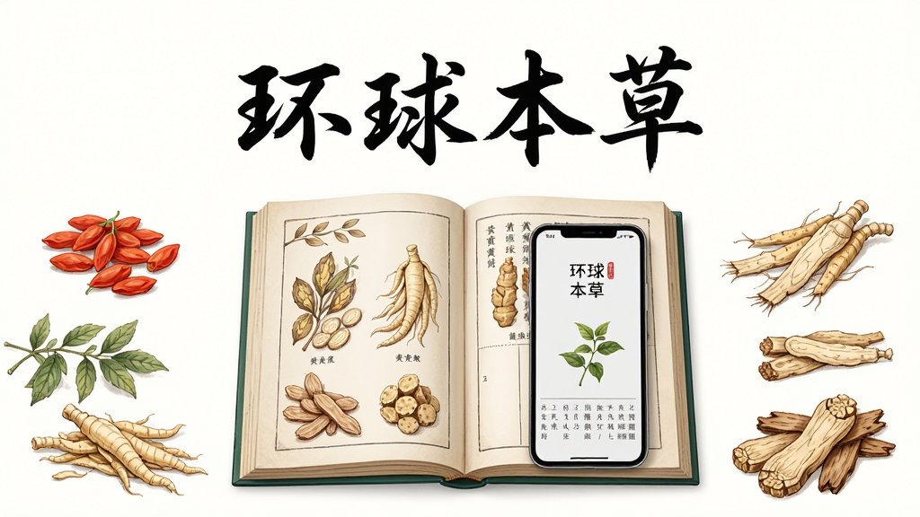 主体为一本摊开的中药材图鉴与一部智能手机并排摆放,布局为居中构图,上方留白处用毛笔字体写