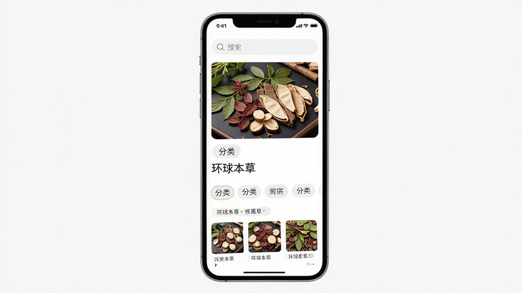 主体为手机屏幕显示中药材详情页面,布局为竖屏界面居中展示,排版上方为药材图片下方为文字说明,风格为清新简约的移动应用界面展示图,细节包含搜索框、分类标签与药材缩略图,画面中屏幕内文字标注