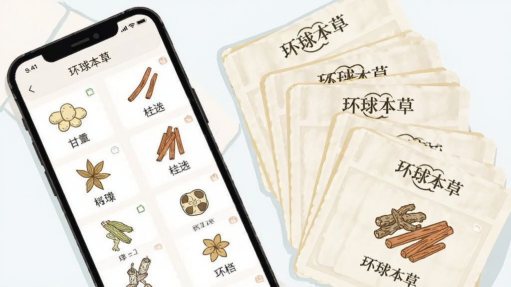 主体为一部手机与一叠中药方剂卡片组合摆放,布局为对角线构图,排版左侧手机显示方剂列表右侧卡片散落,风格为扁平化科普插画,细节包含甘草、桂枝等药材简笔画与文字标签,画面中卡片上标注