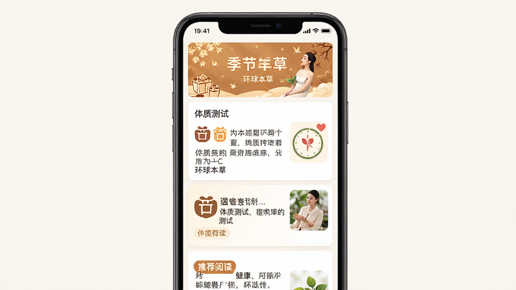主体为手机屏幕展示养生知识文章列表,布局为竖版界面居中,排版顶部为季节主题横幅下方为文章卡片,风格为温暖清新的健康类应用界面,细节包含节气图标、体质测试入口与推荐阅读标签,屏幕内文字标注
