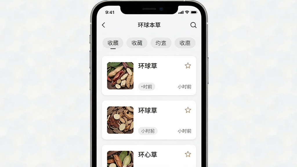 主体为手机界面展示收藏夹页面,布局为竖向列表居中,排版上方为分类标签下方为收藏条目,风格为简约卡片式移动应用界面,细节包含星标图标、药材缩略图与时间标签,屏幕内文字标注