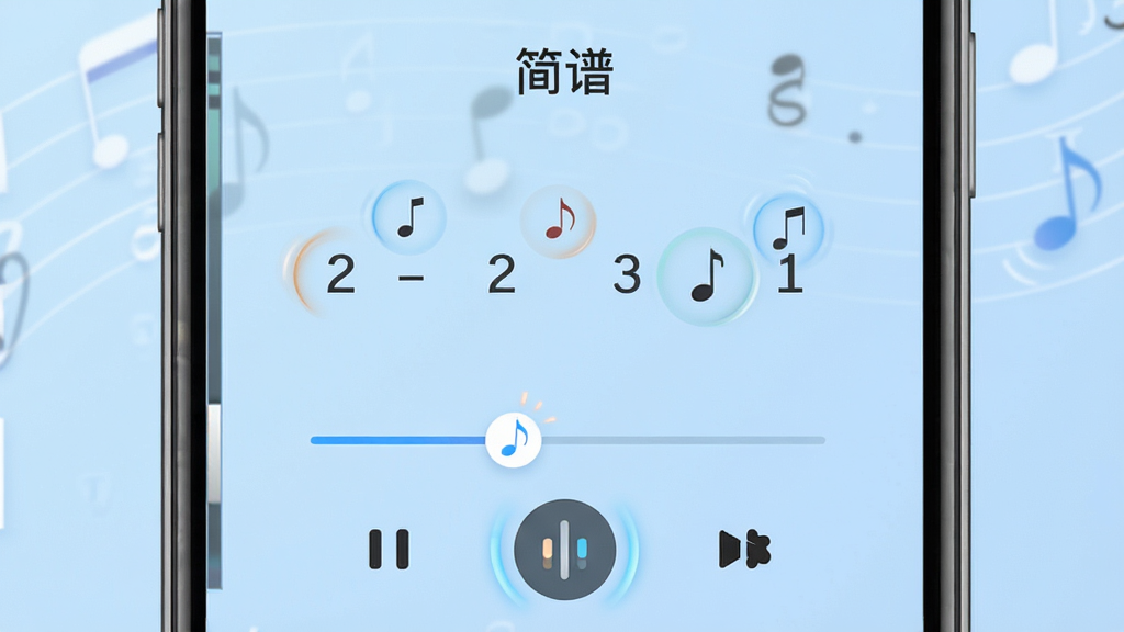 手机界面展示简谱播放状态,屏幕中央有“简谱”应用名称和正在播放的简谱音符,下方有播放进度条和节拍器图标,背景为柔和浅蓝色,布局居中对称,风格为现代音乐类App界面,细节有音符跳动动画和节拍闪烁效果,画质清晰干净