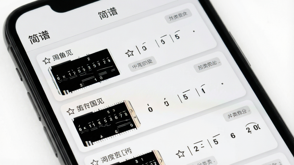 手机屏幕显示简谱曲库管理页面,顶部有“简谱”标题,下方为列表式曲谱卡片,每张卡片显示曲名和简谱缩略图,布局为纵向滚动列表,风格为卡片式浅灰质感,细节有收藏星标和分类标签,画质清晰干净无杂乱元素