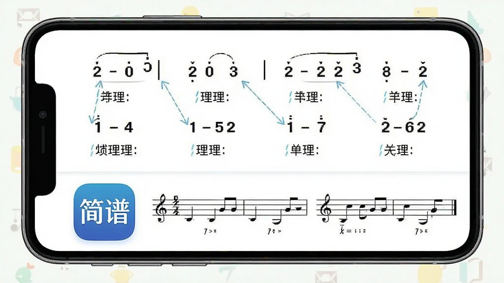 手机界面展示简谱学习辅助功能,屏幕上半部分为简谱音符和对应的乐理说明文字,下半部分有“简谱”应用标识和示例曲谱,布局上下分栏,风格为教育类App清新风格,细节有音符与文字对应标注,画质清晰干净