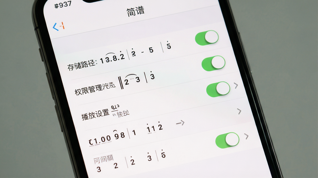 手机屏幕显示简谱应用设置界面,顶部有“简谱”标题,下方有存储路径、权限管理、播放设置等选项列表,布局为纵向设置菜单,风格为简洁素雅浅色界面,细节有开关按钮和箭头图标,画质清晰干净无多余元素