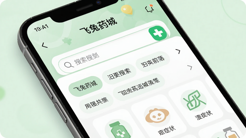 ����չʾ����ҩ��APP���������棬�ֻ���Ļ�������������������·���ʾ������б���֢״ͼ�꣬����Ϊ��ɫ�͵���ɫ����������죬��ͼ�۽��ֻ���Ļ��ϸ�ھ��£����ʸɾ����޶���Ԫ��