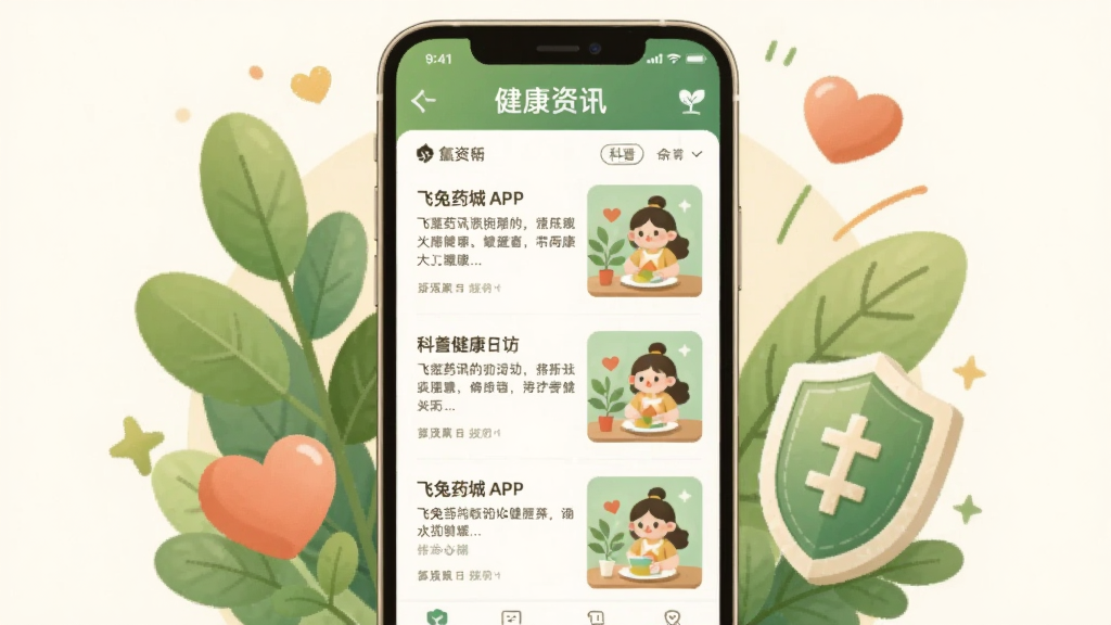 ��������չʾ����ҩ��APP�Ľ�����Ѷҳ�棬�ֻ���Ļ����ʾ�����б��Ϳ�����ͼ����Χ��������Ҷ�����ġ����Ƶ�����������Ԫ�أ�������ů��͵Ĳ廭�����ɫ��Ϊ��ɫ���װ�ɫ�����ʸɾ����޶���Ԫ��