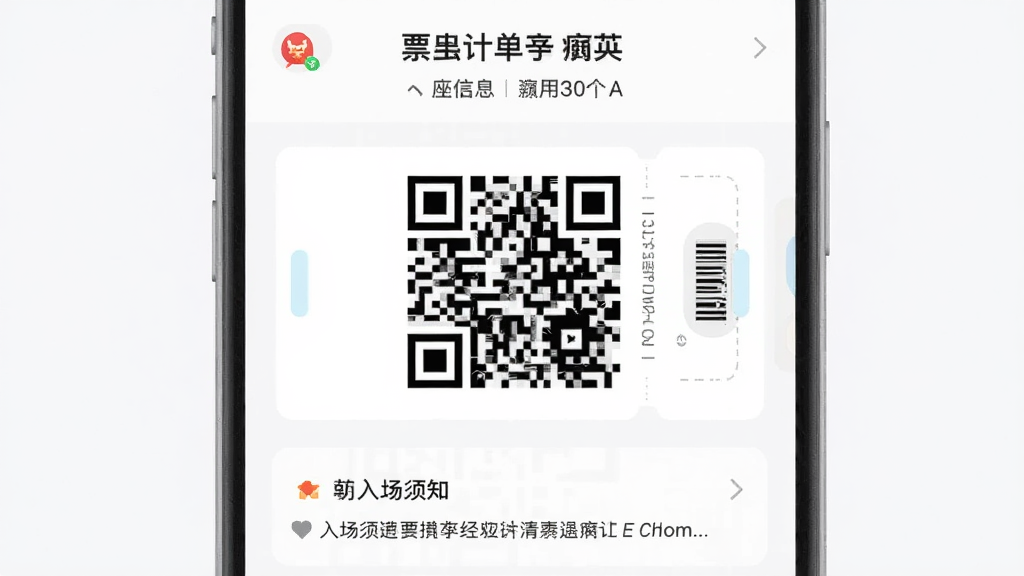 ƱţAPP��������ҳ�棬����չʾһ�ŵ���Ʊ��ά�������ʾ���Ϸ����ݳ����ƺ���λ��Ϣ���·����볡��֪��ʾ���������ɾ����࣬����ִ��������������޶���Ԫ��