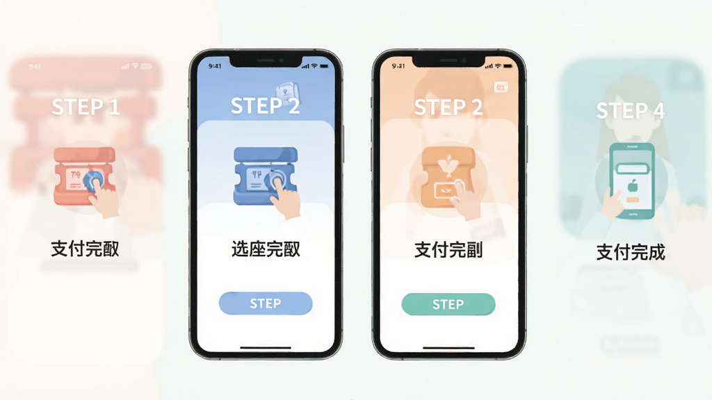 ƱţAPP��Ʊ����ʾ��ͼ���������ֻ���Ļ��ʽչʾ��ѡ����֧����ɵ��ĸ����裬ÿ���������м��ͼ�������˵�����������ƽ������ɫ��ͣ������������޶���Ԫ��