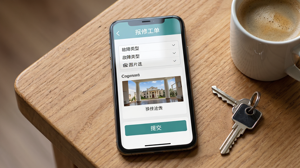 一张三晋物业报修功能展示图,画面主体为手机屏幕特写,屏幕上显示报修工单填写页面,包含故障类型选择、图片上传、提交按钮等元素,手机放置在木质桌面上,旁边有一把钥匙和一杯咖啡,布局居中,风格清新生活化,细节上屏幕反光自然,画质高清,干净,无多余元素