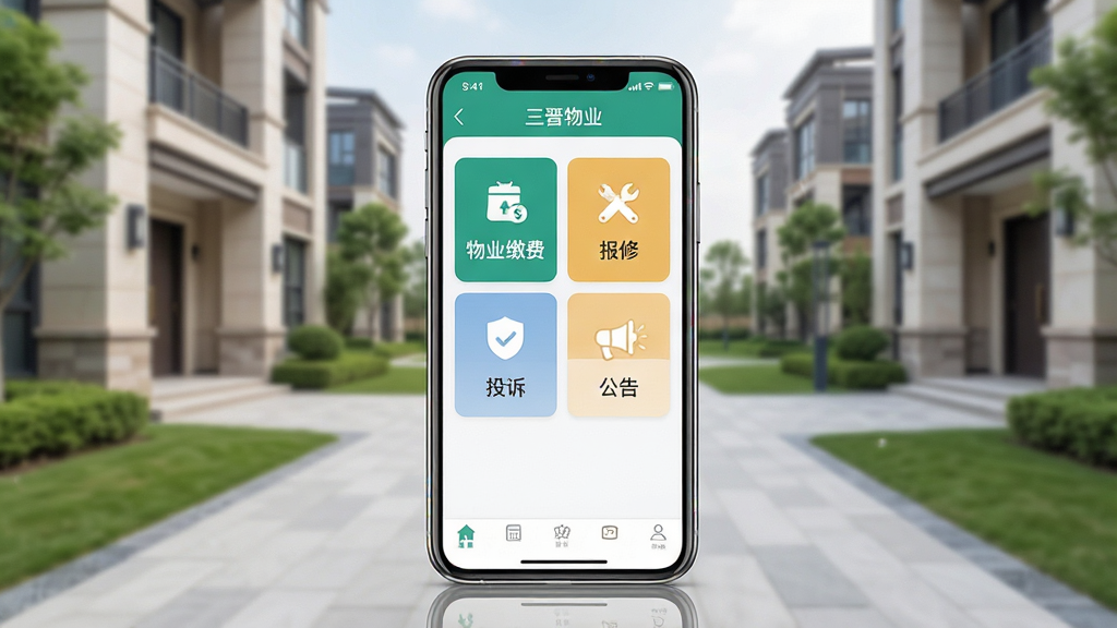 一张展示三晋物业手机应用界面的场景图,画面中央是一部竖屏智能手机,屏幕上显示三晋物业APP首页,包含物业缴费、报修、投诉、公告等图标模块,背景是整洁的现代小区环境,布局简洁清晰,风格写实商务,细节上手机边缘有轻微反光,屏幕内容清晰可辨,画质高清,干净,无多余元素