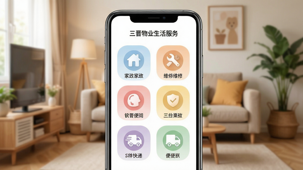 三晋物业生活服务页面展示图,手机屏幕显示家政、维修、快递等便民服务图标网格,背景为温馨家居环境,布局居中,风格亲切生活化,细节上图标色彩柔和,画质高清,干净,无多余元素