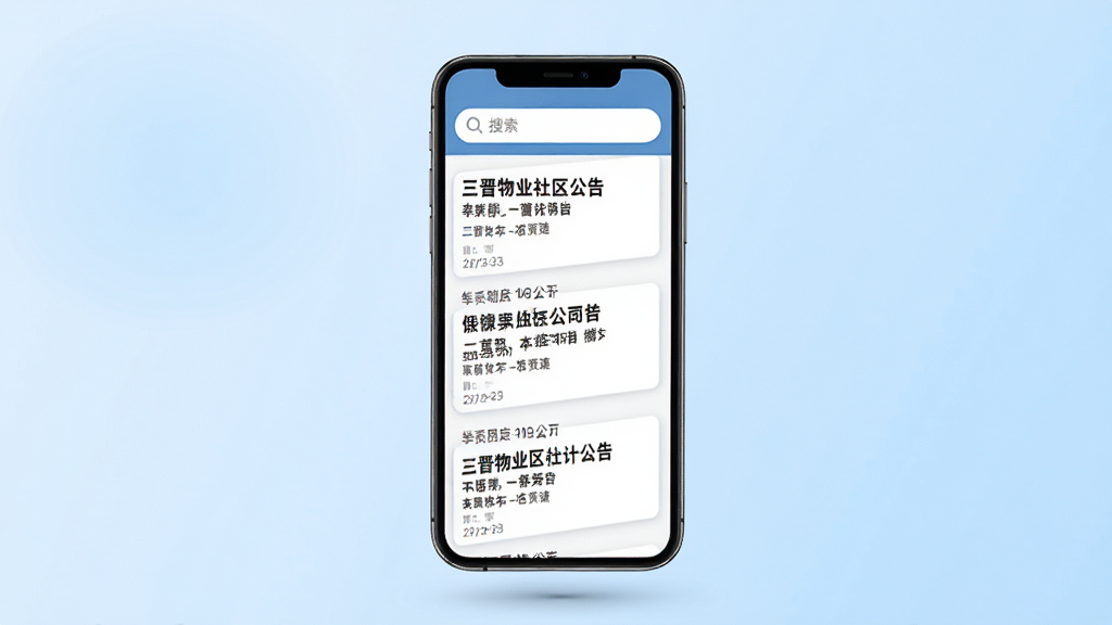 三晋物业社区公告界面展示图,画面为手机屏幕正面,显示公告列表页面,每条公告带有标题和日期,顶部有搜索框,手机悬浮在浅蓝色渐变背景中,布局干净利落,风格简约现代,细节上屏幕字体清晰,画质高清,干净,无多余元素