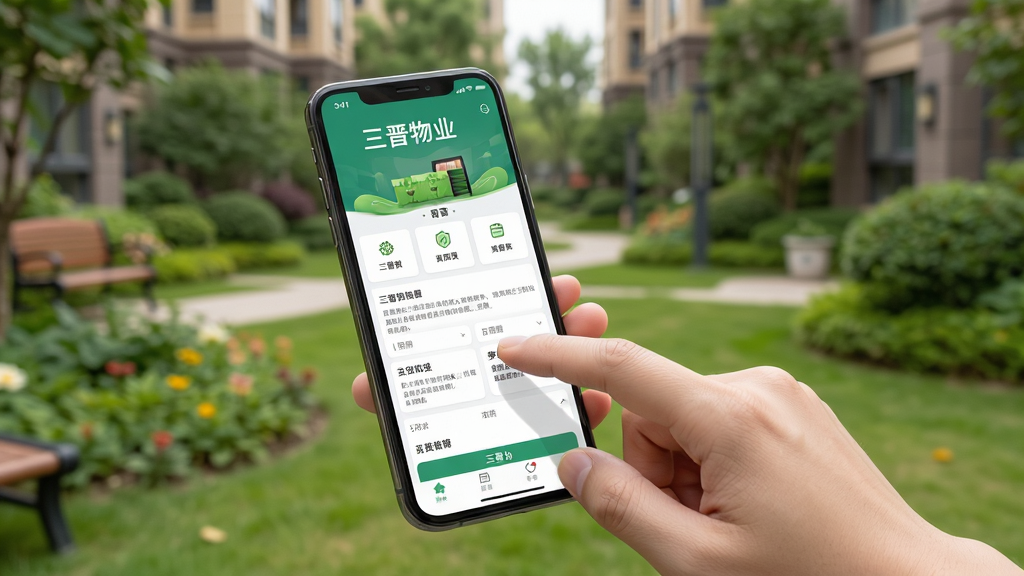 一张三晋物业移动端操作示意图,画面中一只手拿着手机,屏幕上显示三晋物业首页界面,背景为小区花园,布局自然,风格生活化,细节上手指轻触屏幕,画质高清,干净,无多余元素