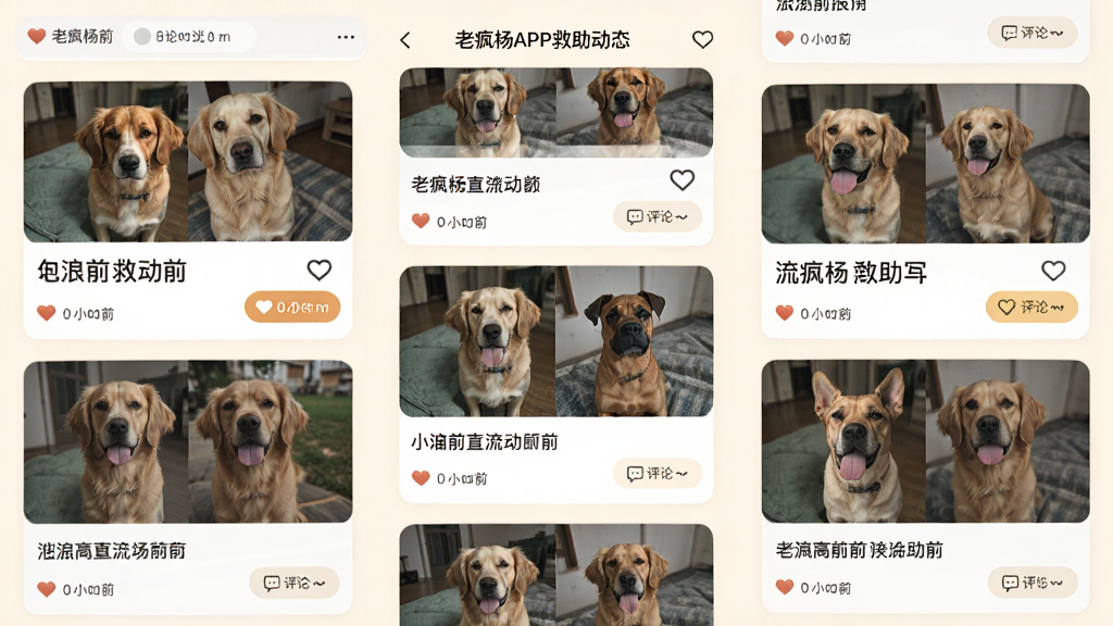 һ��չʾ�Ϸ���APP������̬ҳ���ͼƬ���������ж������˶������ǰ��ĶԱ���Ƭ��Ƭ��ÿ�ſ�Ƭ��������˵����ʱ���������Ϊǳɫ������Ϊ�ٲ�����ʽ�������ܰ������ϸ�ڰ�������ͼ������۰�ť�����ʸ��壬�ɾ����޶���Ԫ��