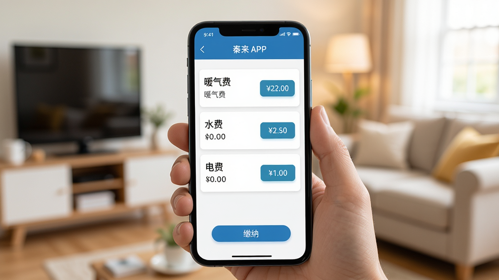 һ���ֻ���Ļ����ʾ����APP�Ľɷ�ҳ�棬ҳ�������г�ů���ѡ�ˮ�ѡ���ѵ���Ŀ��ÿ����Ŀ�Ա����н��ɰ�ť�ͽ����ʾ������Ϊ��ܰ�ļҾӻ����黯�������������������ϸ����ͻ�����������������ݣ����ʸ��壬�ɾ��޶���Ԫ�ء�