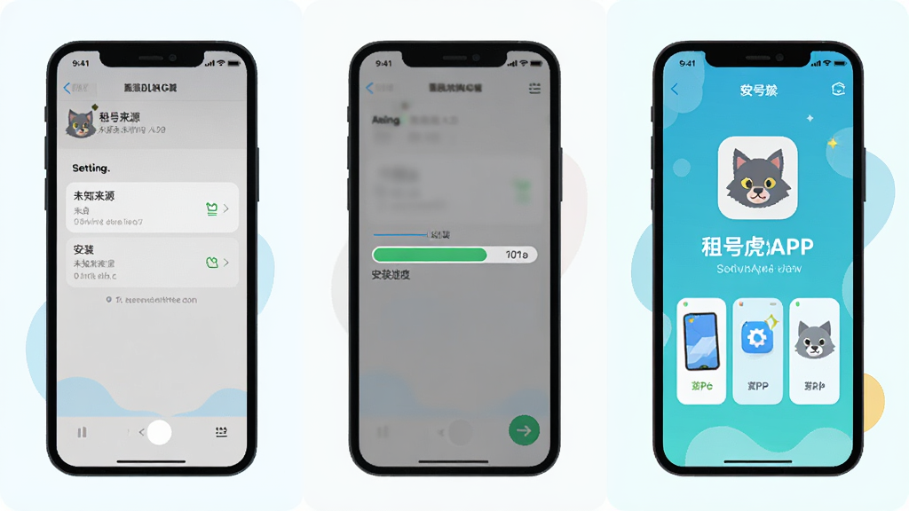 ��Ż�APP��װ����ʾ��ͼ�������Ϊ�������ִ������������У���һ����չʾ�ֻ������п���δ֪��ԴȨ�޵Ľ��棬�ڶ�����չʾ��װ����������������չʾAPP�ɹ��򿪵���ҳ��������ñ�ƽ�廭�����ɫ���£����ʸɾ����޶���Ԫ��