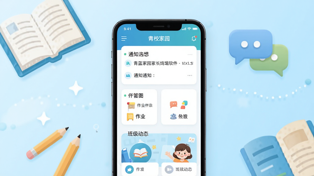 青蓝家园家长端软件主界面展示,画面中央放置一部智能手机,屏幕显示家校沟通应用首页,包含通知列表、作业卡片和班级动态入口,背景为温馨的浅蓝色渐变,周围点缀书本、铅笔和对话气泡元素,整体风格清新简洁,扁平化设计,画面干净无多余杂物,高清画质,适合软件下载站配图使用