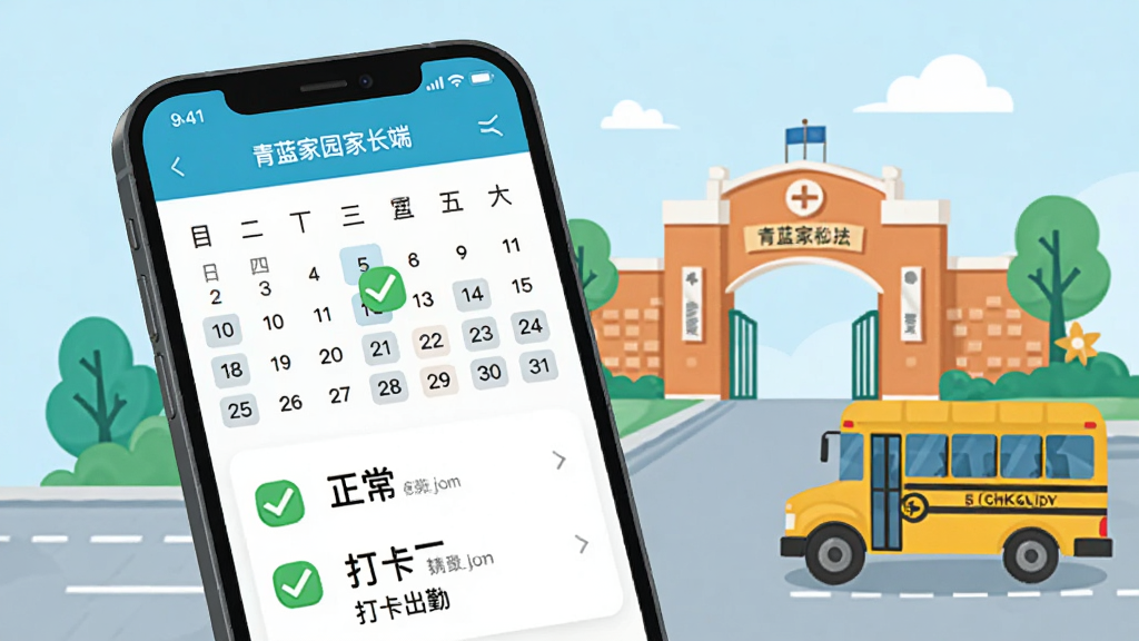青蓝家园家长端考勤打卡功能展示,手机屏幕显示日历视图和打卡记录,绿色对勾表示正常出勤,旁边有学校大门和校车元素,风格扁平化插画,色彩清新明快,画面简洁无冗余,高清画质