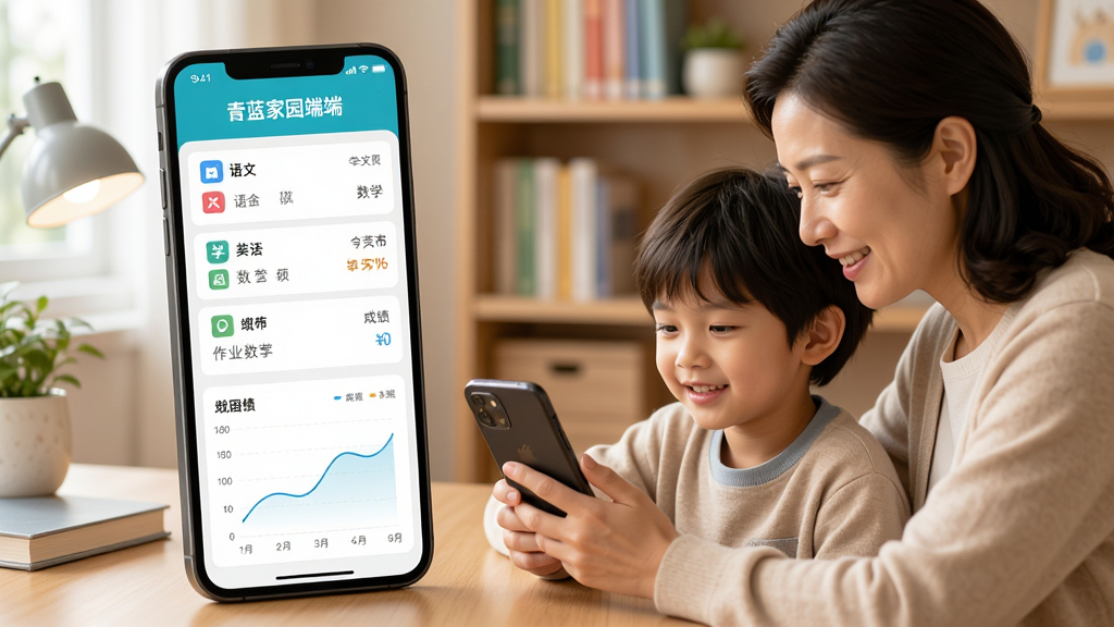 青蓝家园家长端作业与成绩查询界面,手机屏幕显示语文数学英语等学科作业列表和成绩曲线图,旁边有家长和孩子一起查看手机的温馨场景,背景为书房环境,风格写实温暖,画面干净整洁,高清画质