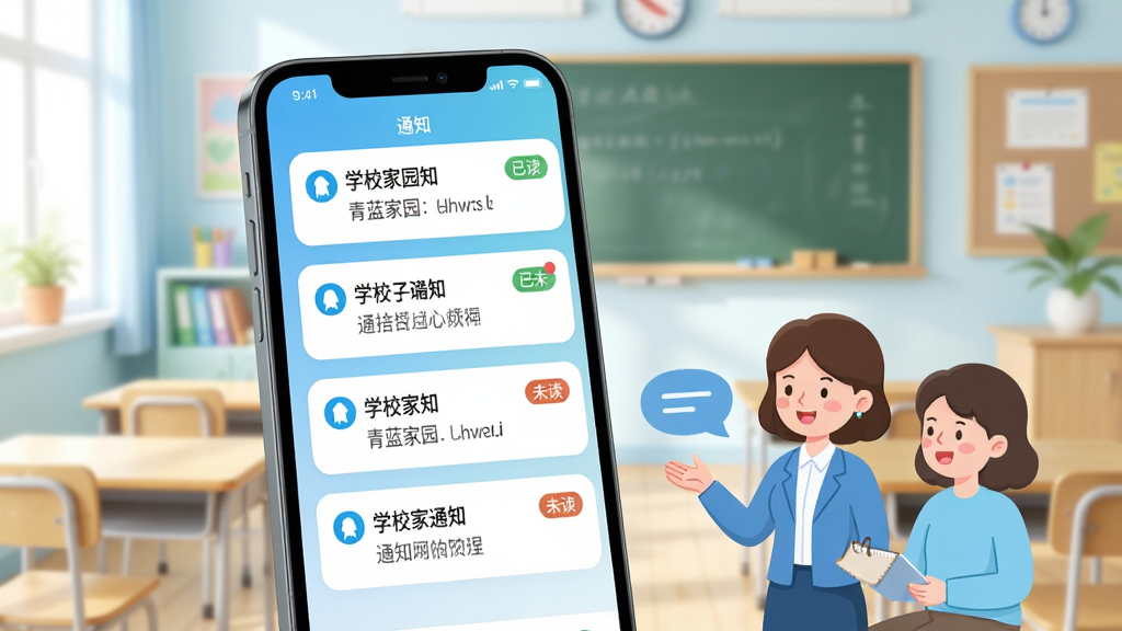 青蓝家园家长端通知推送功能展示,画面中一部手机弹出多条学校通知消息,消息卡片上标注已读和未读状态,手机旁边有老师与家长沟通的卡通形象,背景为明亮的教室场景,风格简洁现代,色彩柔和,画质清晰干净