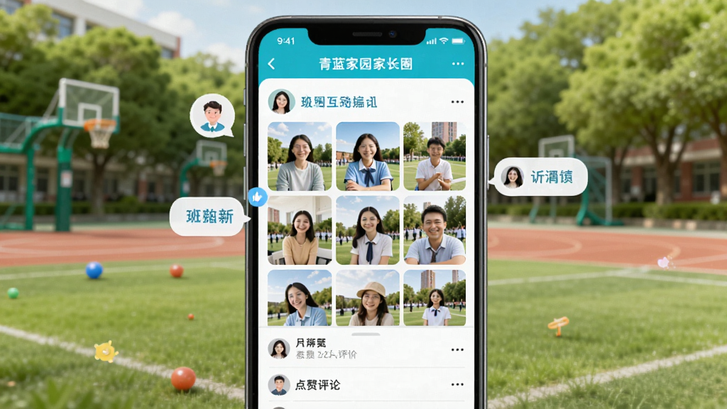 青蓝家园家长端班级圈互动界面,手机屏幕展示照片墙和点赞评论区域,画面中有多个家长头像气泡和照片缩略图,背景为校园操场和绿树,风格活泼清新,画质清晰干净,适合软件介绍配图