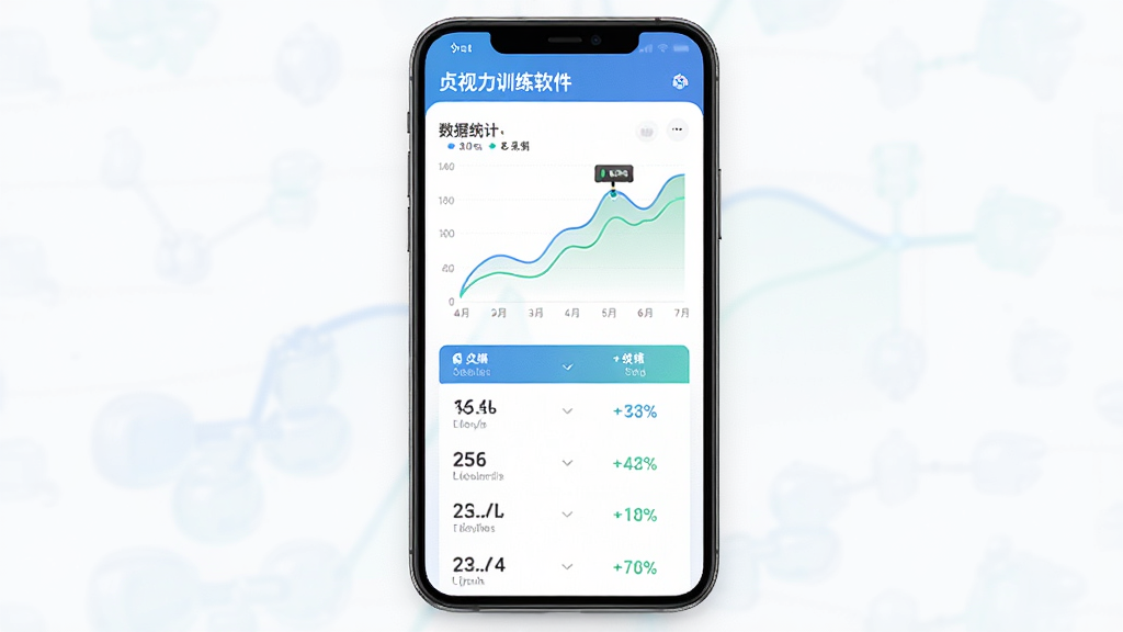 主体为贞视力训练软件的数据统计页面,布局为手机屏幕居中,排版为上方折线图下方数据列表,风格为简约数据可视化风,细节为蓝绿配色、折线图、百分比数值,画质高清干净无多余元素